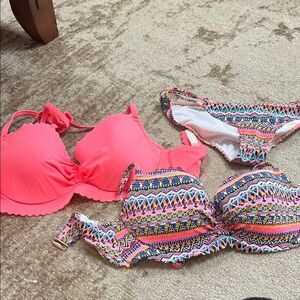Victoria's Secret Neon Pink & Multicolor Tribal Bikini 2 tops 1 bottom
